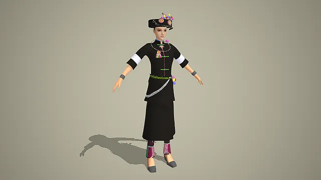 德昂族彩珠头饰黑底传统服饰女性角色 3D 模型