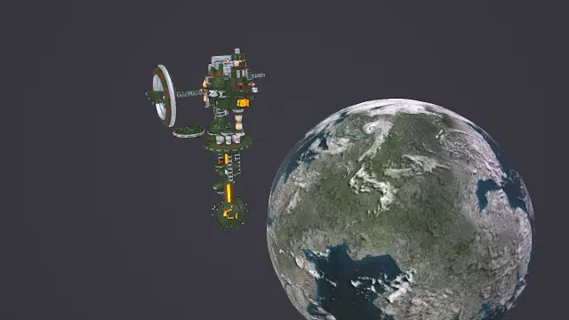 卡通风格3D科幻太空站与地球模型，创意设计（卡通科幻太空站、太空站造型、环形结构、多层机械部件、发光细节）