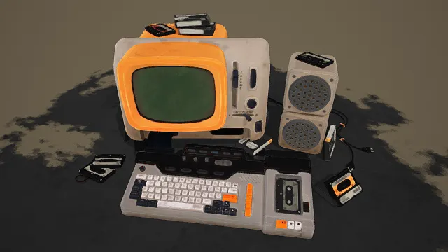 3D卡通风格橙白黑系复古电脑套装模型，创意设计（3D设备、卡通风格、复古科技风，电脑设计主题）