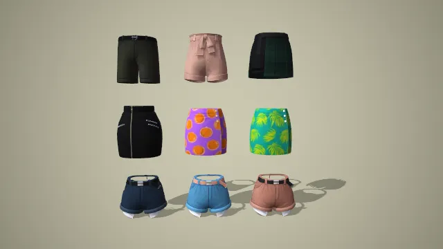多风格短裤与印花半身裙九件套 3D 模型
