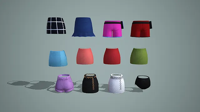 格纹荷叶边裙与多色亮面短裤及链条半身裙十二件套 3D 模型