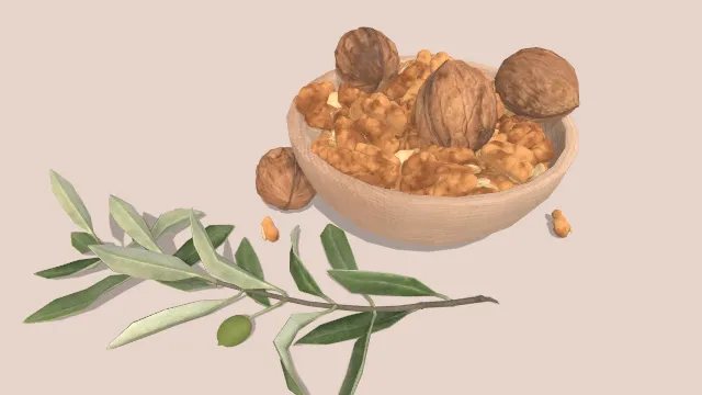 装有拨开和还没拨开核桃的木碗坚果食物