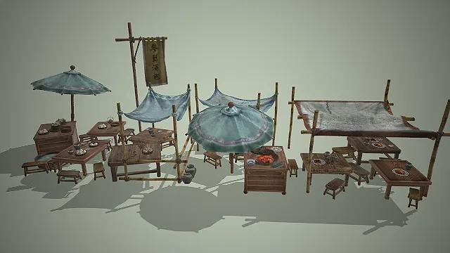 古风小吃摊  国风场景  竹制遮阳棚  木质桌椅