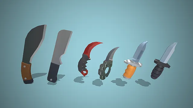 六款不同类型的低模风格的3D砍刀、蝴蝶刀、军刺等刀具模型