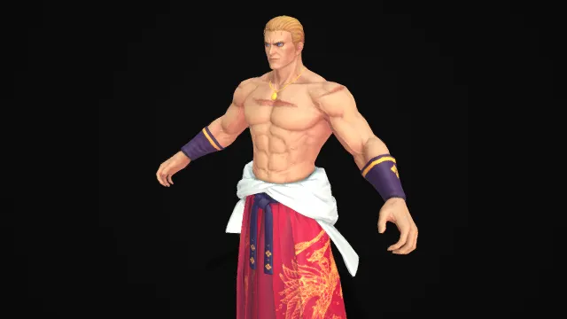 赤膊金纹：红裙紫腕的武士风壮汉  力量型角色  壮硕肌肉  金色鳞纹  华贵  动作类  武士服饰