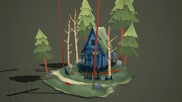 卡通风格森林小屋场景3D模型，温馨设计（蓝色小屋、森林树木、小路装饰、自然氛围 ）