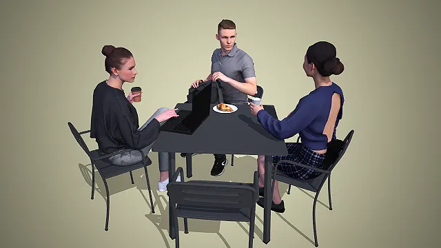 户外休闲桌椅三人办公交谈场景