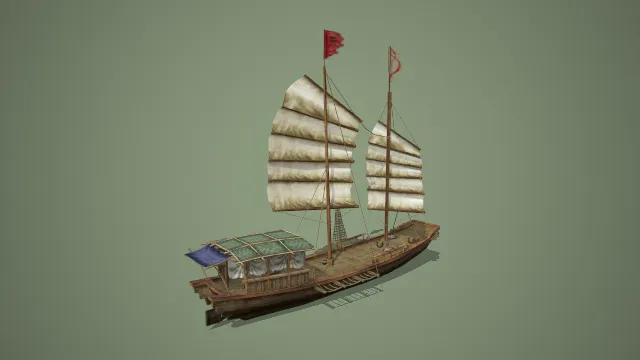 写实风格带篷双桅战旗古风商船 3D 水上场景道具模型