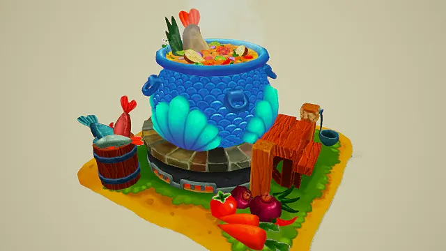 卡通风格3D美食场景模型，创意设计（卡通美食、3D模型、蓝色汤锅、多彩食材、绿色草地、趣味装饰、灰色背景 ）