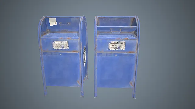 复古蓝色金属报刊箱  公共设施  复古街道装饰  做旧锈迹质感