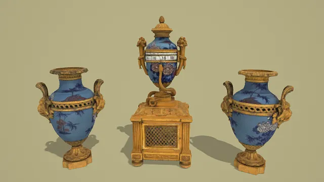 3D卡通风格蓝棕金系复古欧式摆件模型组，创意设计（3D摆件、卡通风格、卡通复古欧式风，摆件设计主题）