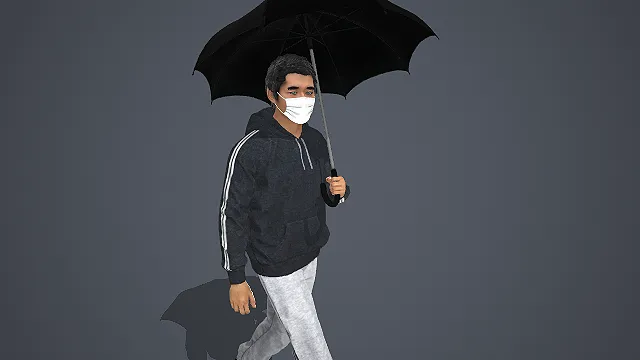 戴口罩穿连帽卫衣持黑伞行走的青年写实人物模型