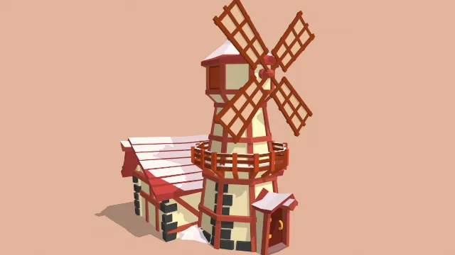 低多边形中世纪风车房屋建筑木头