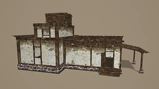 复古做旧木质与白墙结合的破损建筑（含石基与悬挑结构）