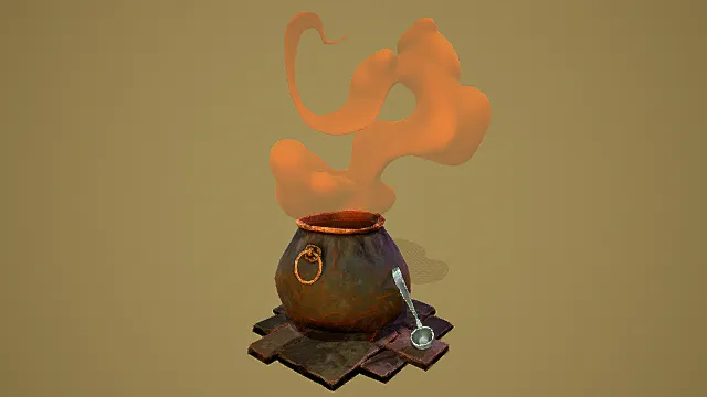 奇幻风格魔法药锅3D模型，神秘设计（魔法药锅、橙色烟雾、勺子、复古质感、神秘氛围 ）