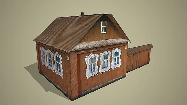 棕木墙面配白饰窗及附属围栏的复古乡村木屋建筑 3D 场景模型