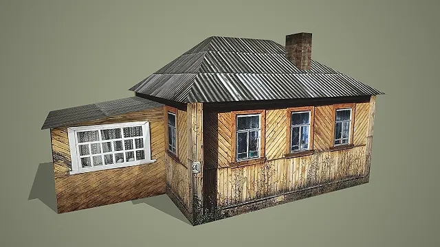 做旧木质墙面配金属屋顶带附属小屋乡村平房建筑 3D 场景模型