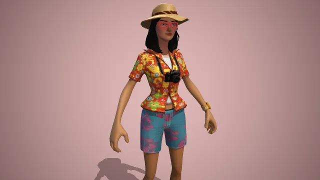 一位身着夏威夷风格的女人，带着帽子，挂着相机