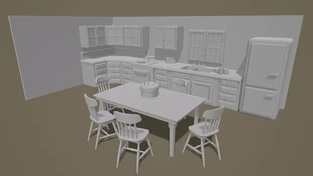 3D卡通风格白灰系简约餐厨场景模型，创意设计（3D场景、卡通风格、卡通简约风，场景设计主题）