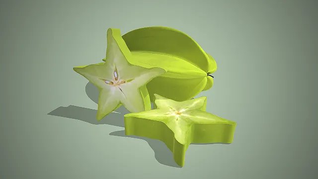 一个写实风格的3D杨桃模型，包含完整果实与星形切片