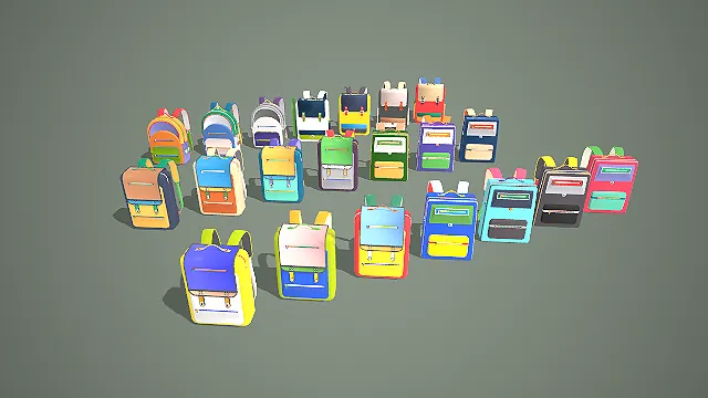卡通多配色复古双肩书包 3D 模型合集 游戏道具资产包