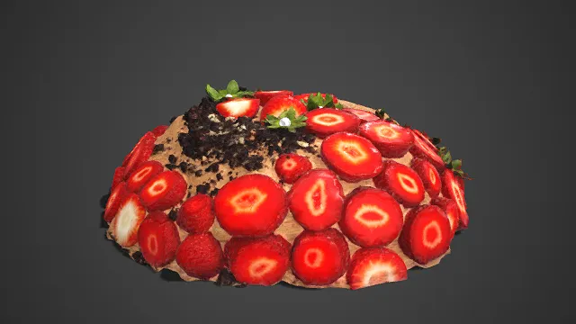 写实风格  草莓奶油蛋糕  鲜红草莓  巧克力碎装饰  果肉纹理  甜品  美食