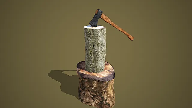 复古劈柴木桩与手斧组合 3D 野外木工场景装饰模型