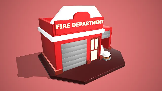 卡通风格单层消防站建筑 3D 低多边形城市场景装饰模型