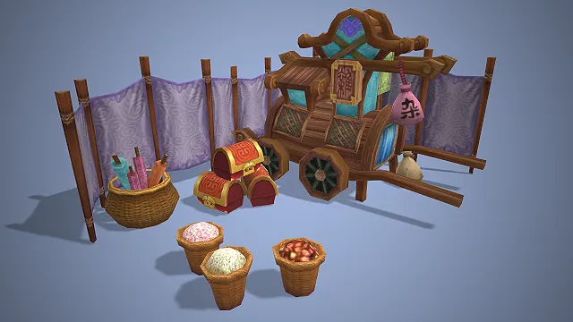 古风杂货摊  实木推车  宝箱包裹  驿站场景