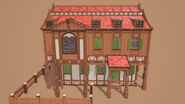 3D卡通风格棕红绿白系中世纪房屋模型，创意设计（3D建筑、卡通风格、卡通中世纪风，建筑设计主题，物品元素）
