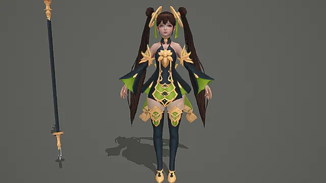 国风武侠风女性角色模型（黑黄绿金配色服饰造型）