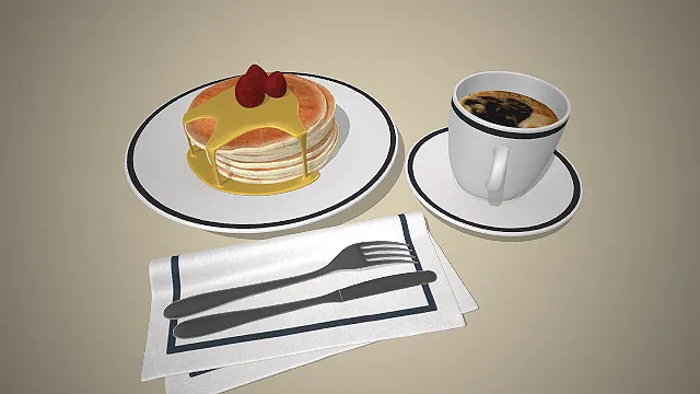 一个写实风格的3D松饼早餐模型，盘中堆叠的松饼淋有糖浆