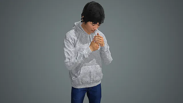 穿灰色连帽卫衣双手拢拳站立的青年写实人物模型