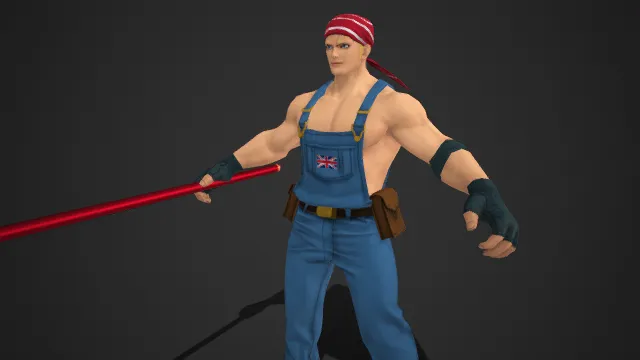 红发带壮汉：工装背带的长棍斗士  街头  力量型游戏角色模型  身形壮硕  工装元素  粗犷感