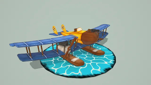 卡通风格3D水上飞机模型，创意设计（卡通水上飞机、3D模型、蓝色机翼、黄色机身、棕色部件、水上起降、灰色背景、趣味造型 