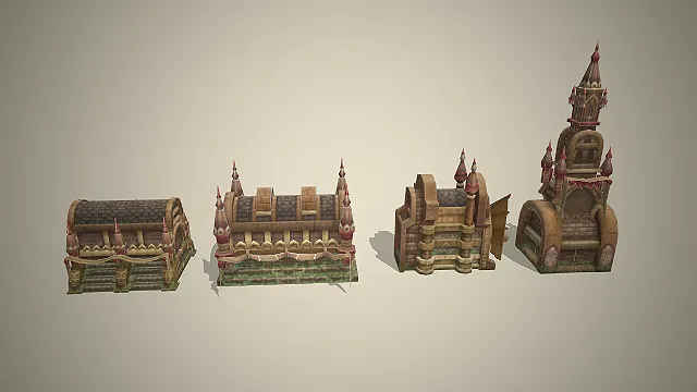 石砌城堡建筑群  哥特式尖塔  做旧青苔  复古魔幻  