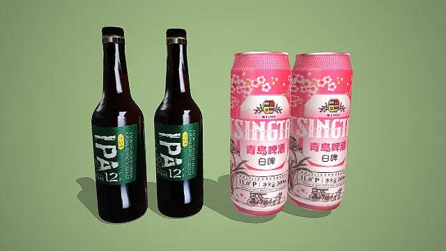 啤酒包装 3D 模型（IPA 瓶装 + 青岛白啤罐装）