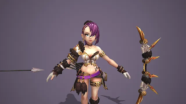 卡通 Q 版紫发蛮族女弓箭手带金饰猎弓 3D 游戏角色模型