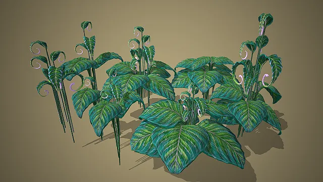 绿纹叶观叶植物组合带卷须花苞 3D 模型