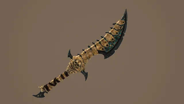 3D卡通风格金蓝黑系奇幻武器模型，创意设计（3D弯刀、卡通风格、奇幻暗黑风，刀具设计主题）