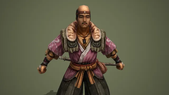 穿粉紫毛领和服的和风武士游戏角色模型