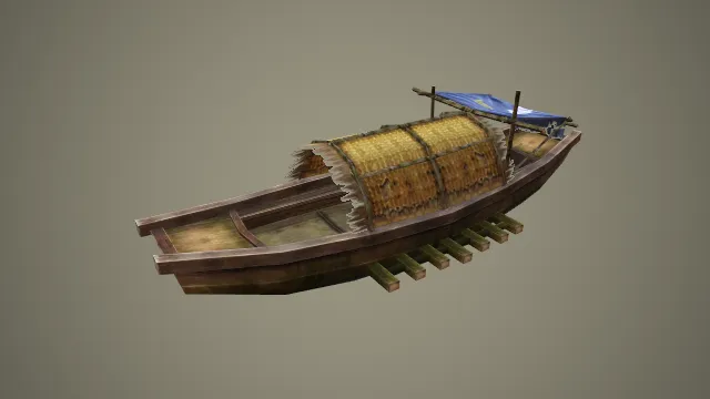 写实风格带篷布古风乌篷船 3D 水上场景道具模型
