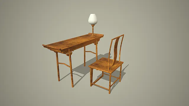 木色中式翘头案与灯挂椅配古风台灯书房家具 3D 模型