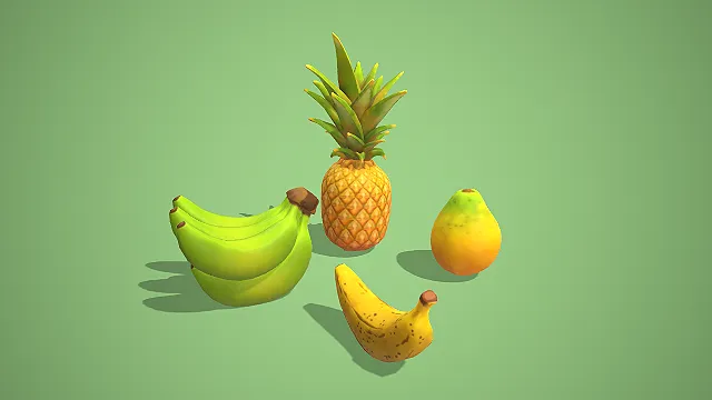 卡通风格青香蕉菠萝木瓜组合 3D 低多边形美食场景装饰模型