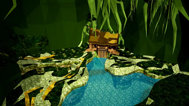 低多边形风格3D洞穴场景模型，创意设计（低多边形洞穴场景、3D模型、绿色钟乳石、中式建筑、蓝色水体、独特环境 ）