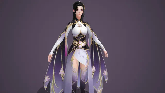 古风仙侠风格紫白渐变服饰女性角色游戏模型