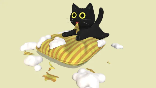 黑色顽皮小猫咬碎抱枕动物