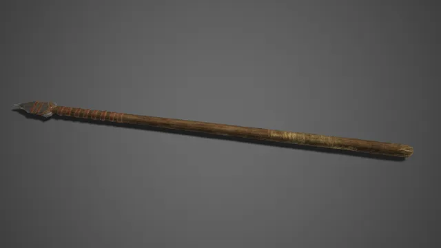 原始  长矛模型  木质长柄  自然木纹  粗犷  绑带装饰