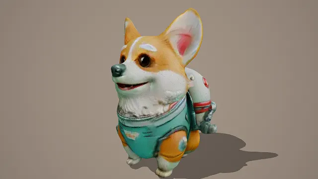 3D卡通风宇航服柯基模型，创意设计（3D宇航服柯基、卡通风格、机械感背包、大耳朵、可爱奇幻、太空主题、萌系宠物）