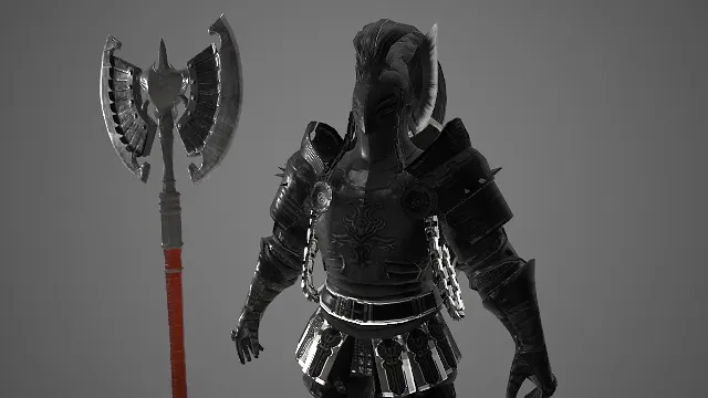 黑甲武士  和风元素  游戏角色  巨斧甲胄  暗纹战装  链饰战甲  厚重感  冷硬光泽